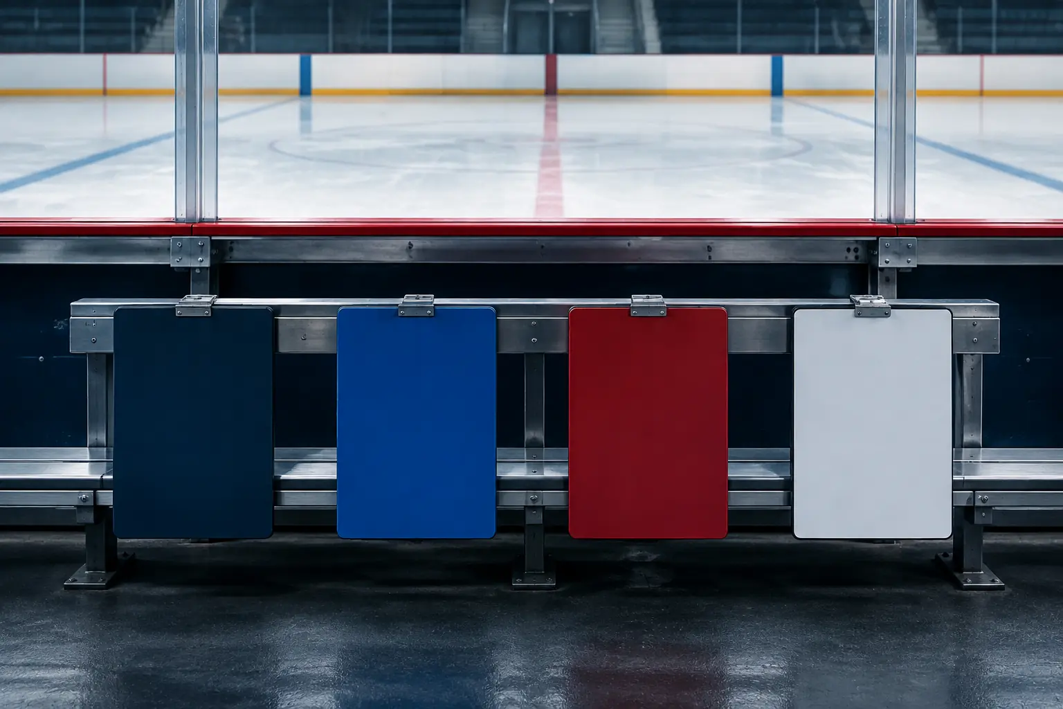 Blank navy, blue and red modular cards clipped along an empty hockey bench