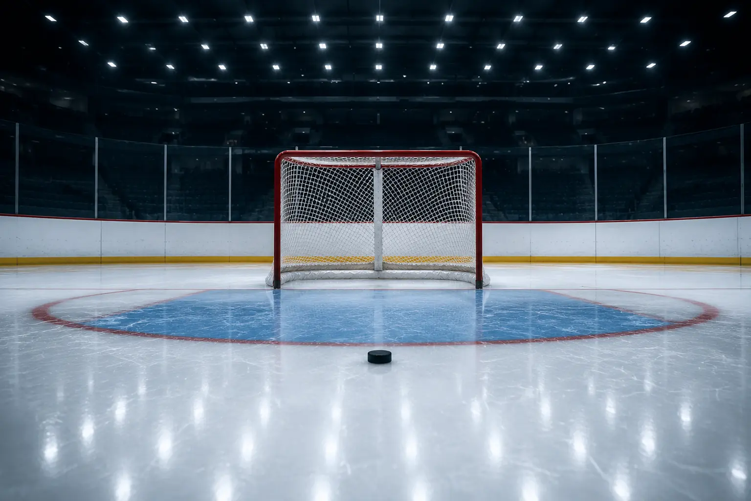 An empty hockey goal and centered puck beneath a grid of arena lights